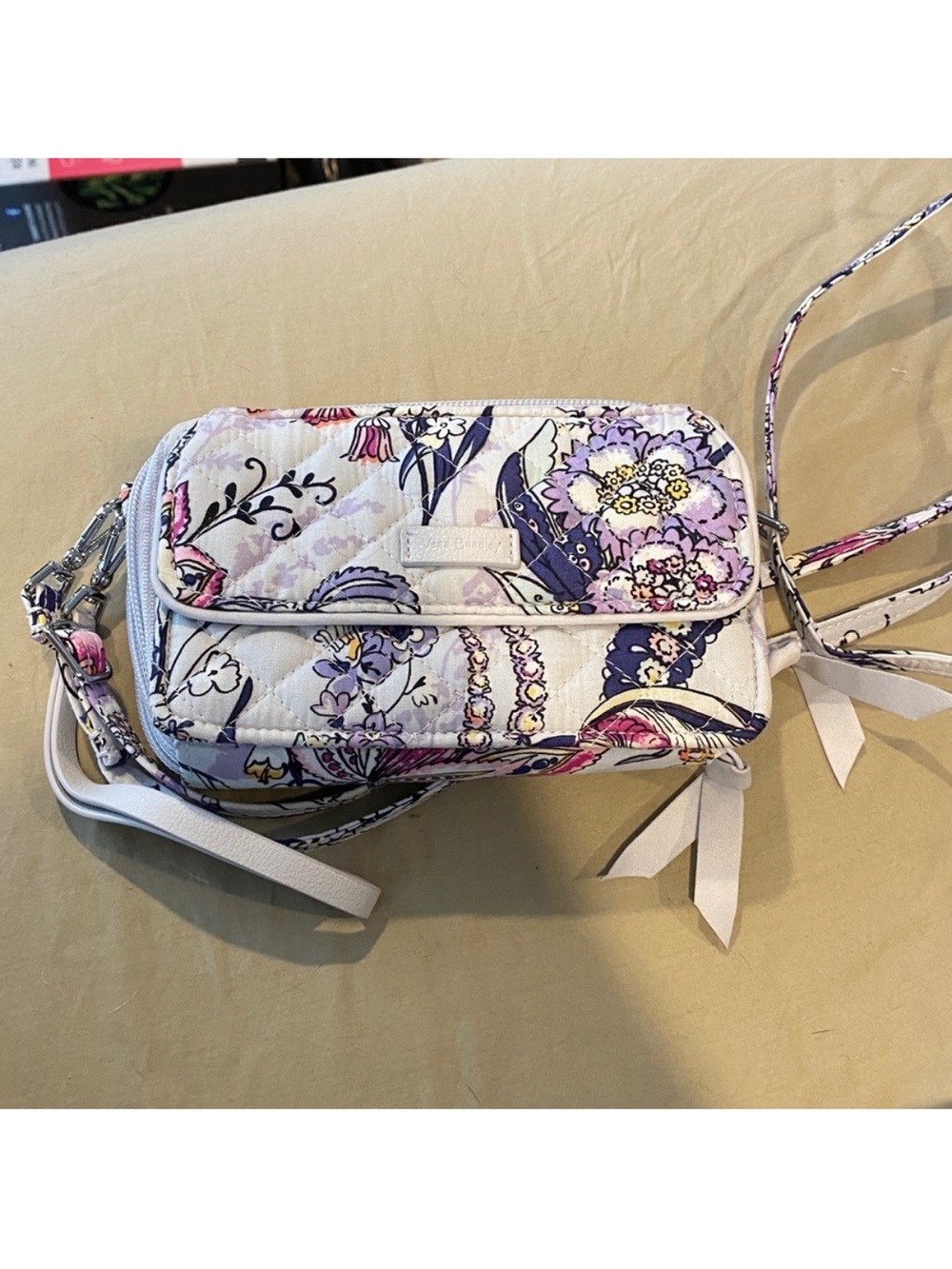 Vera Bradley White Floral Quilted Crossbody Bag with Purple and Pink Accents